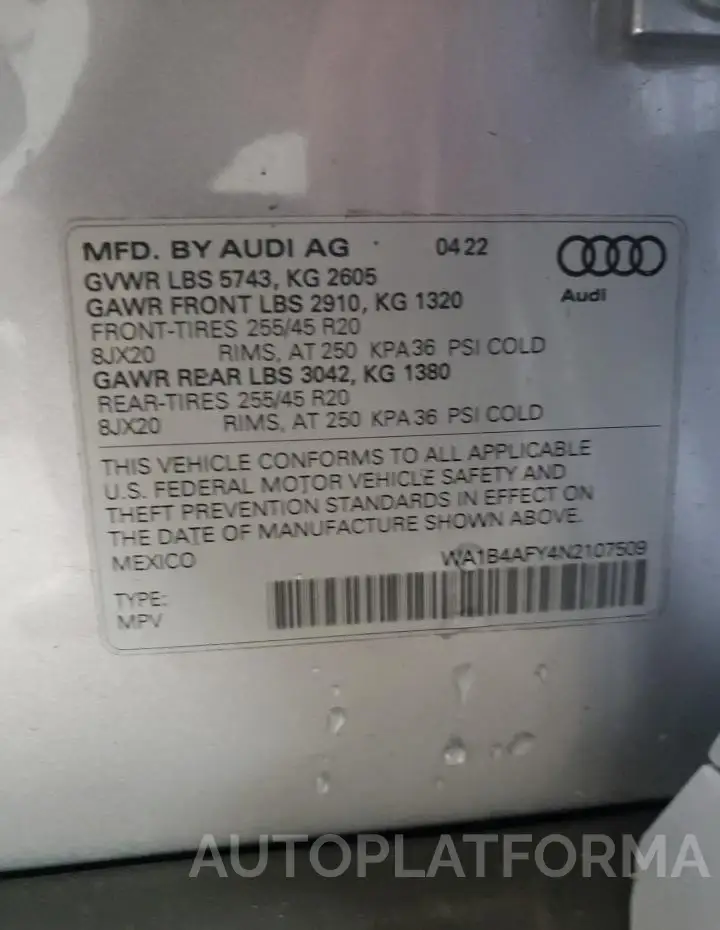 AUDI SQ5 PREMIU 2022 vin WA1B4AFY4N2107509 from auto auction Copart