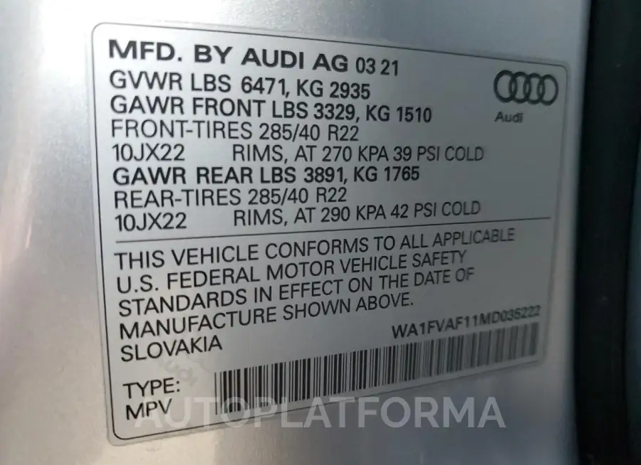 AUDI Q8 PRESTIG 2021 vin WA1FVAF11MD035222 from auto auction Copart