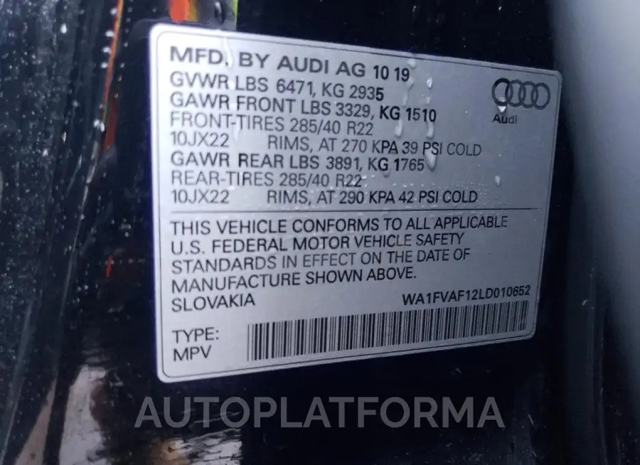 AUDI Q8 PRESTIG 2020 vin WA1FVAF12LD010652 from auto auction Copart