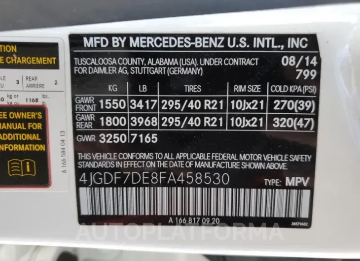 MERCEDES-BENZ GL 550 4MA 2015 vin 4JGDF7DE8FA458530 from auto auction Copart