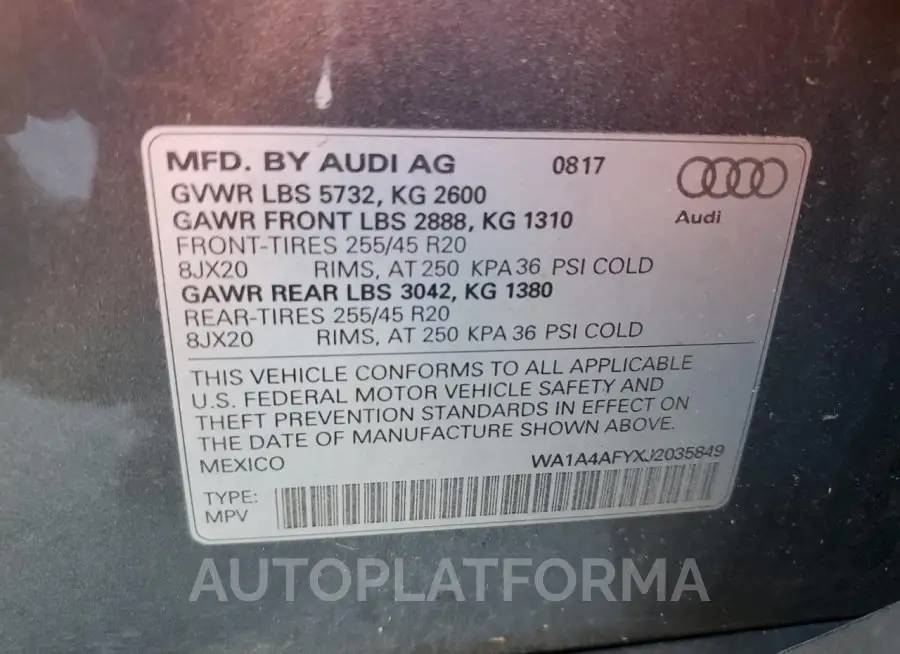 AUDI SQ5 PREMIU 2018 vin WA1A4AFYXJ2035849 from auto auction Copart