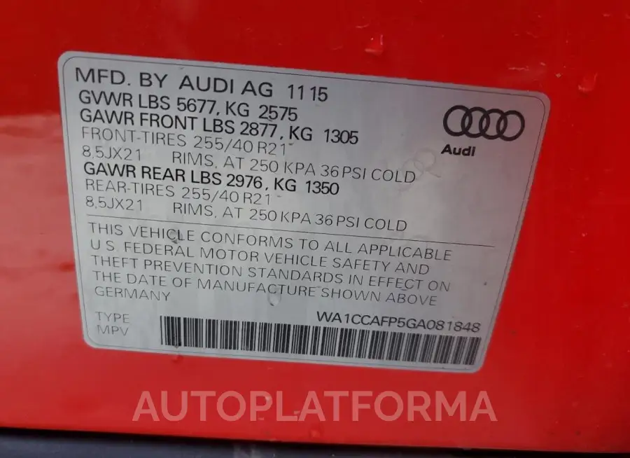 AUDI SQ5 PREMIU 2016 vin WA1CCAFP5GA081848 from auto auction Copart