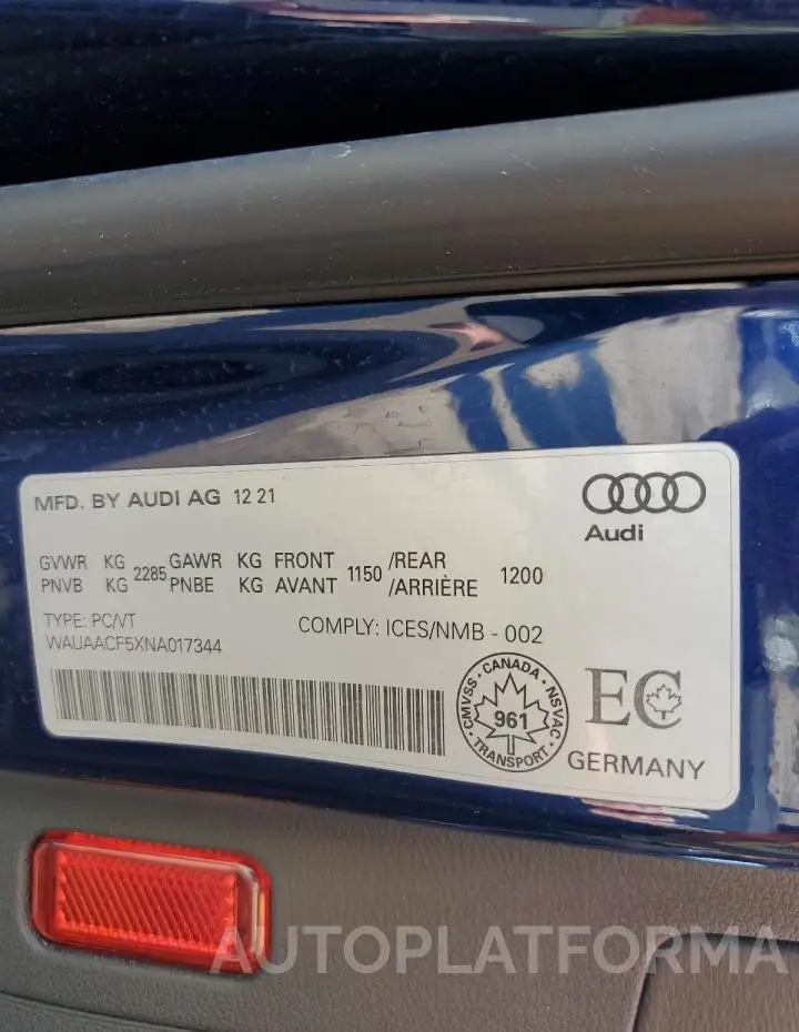 AUDI A5 KOMFORT 2022 vin WAUAACF5XNA017344 from auto auction Copart