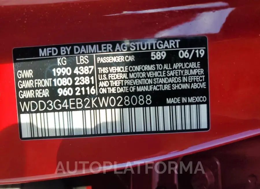 MERCEDES-BENZ A 220 2019 vin WDD3G4EB2KW028088 from auto auction Copart