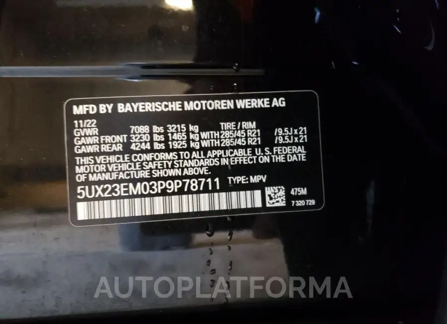 BMW X7 XDRIVE4 2023 vin 5UX23EM03P9P78711 from auto auction Copart