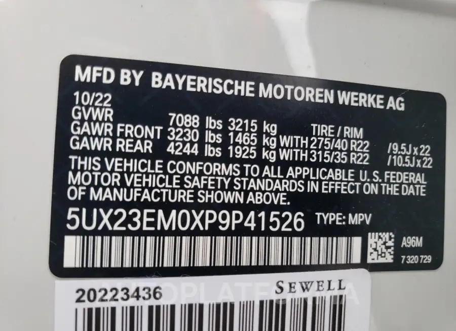 BMW X7 XDRIVE4 2023 vin 5UX23EM0XP9P41526 from auto auction Copart