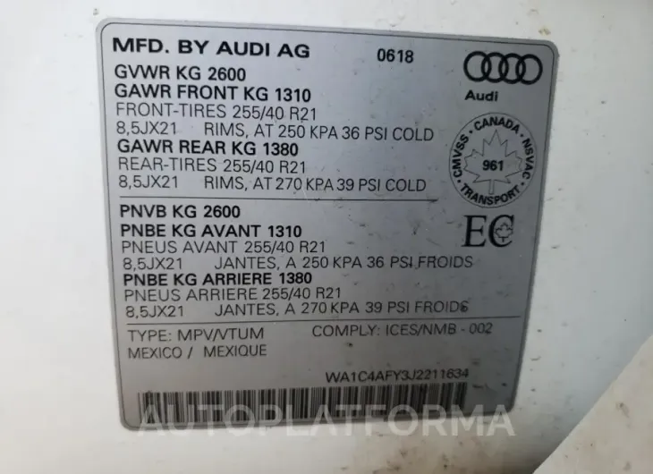 AUDI SQ5 PRESTI 2018 vin WA1C4AFY3J2211634 from auto auction Copart