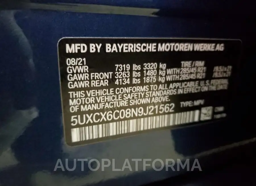 BMW X7 M50I 2022 vin 5UXCX6C08N9J21562 from auto auction Copart