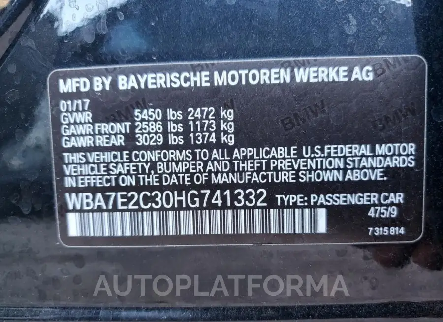 BMW 740 I 2017 vin WBA7E2C30HG741332 from auto auction Copart