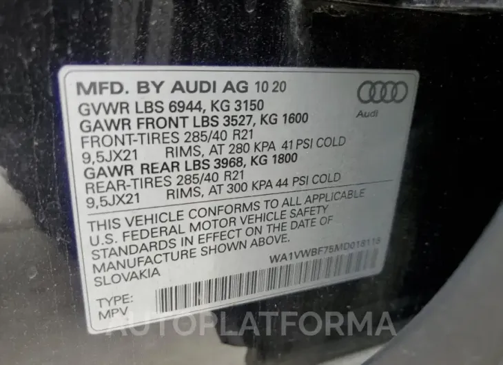 AUDI SQ7 PRESTI 2021 vin WA1VWBF75MD018118 from auto auction Copart