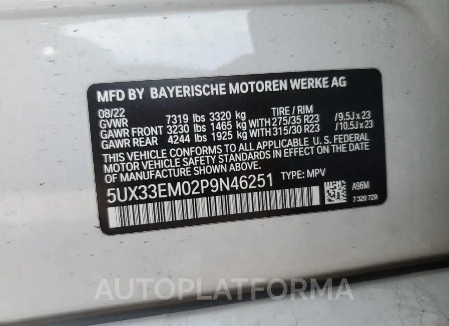 BMW X7 M60I 2023 vin 5UX33EM02P9N46251 from auto auction Copart