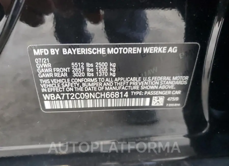 BMW 740 I 2022 vin WBA7T2C09NCH66814 from auto auction Copart