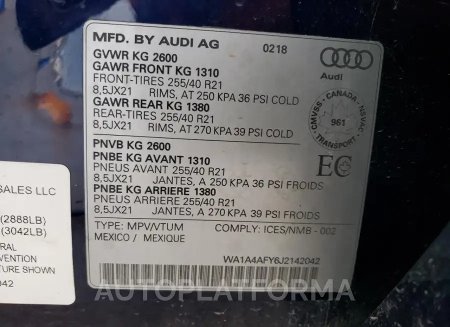 AUDI SQ5 PREMIU 2018 vin WA1A4AFY6J2142042 from auto auction Copart