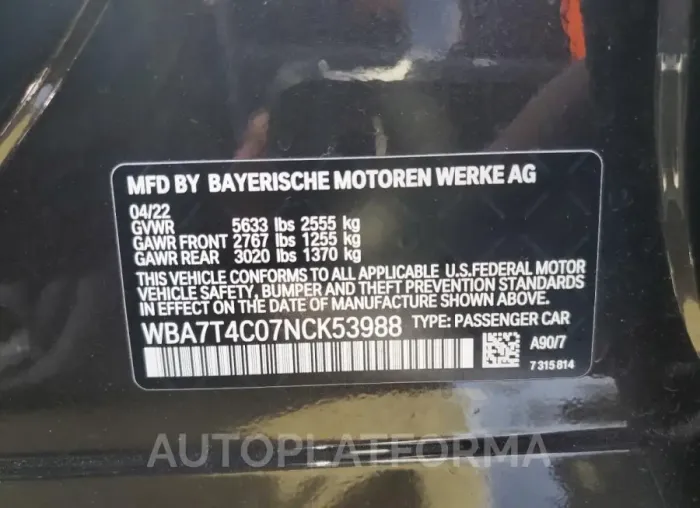 BMW 740 XI 2022 vin WBA7T4C07NCK53988 from auto auction Copart