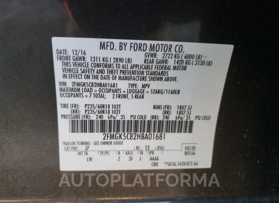 FORD FLEX SEL 2017 vin 2FMGK5C82HBA01681 from auto auction Copart