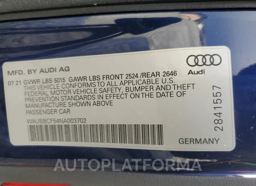 AUDI A5 PRESTIG 2022 vin WAUBBCF54NA003702 from auto auction Copart