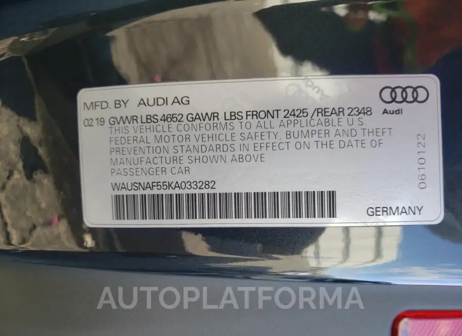 AUDI A5 PREMIUM 2019 vin WAUSNAF55KA033282 from auto auction Copart