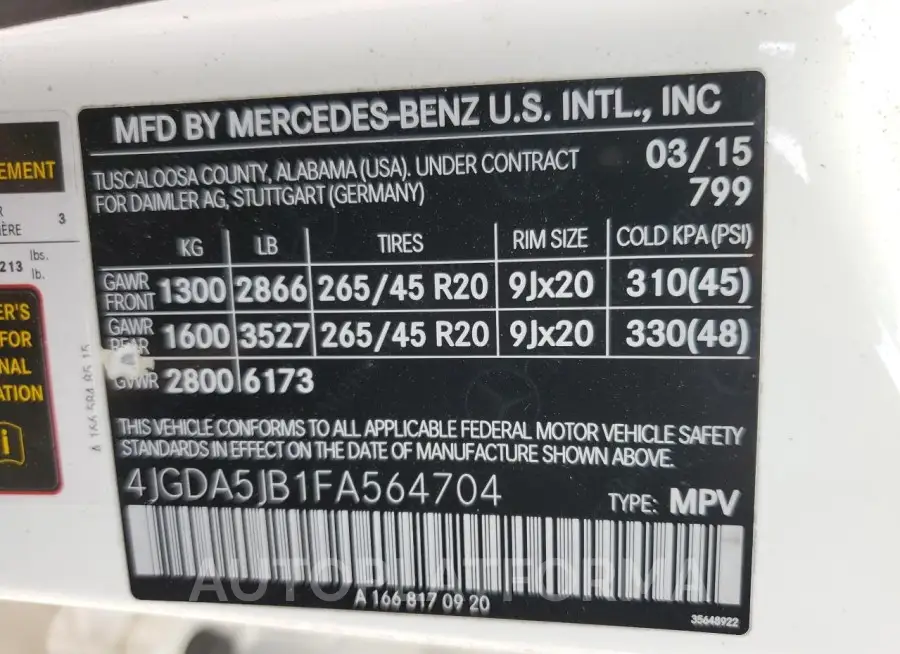 MERCEDES-BENZ ML 350 2015 vin 4JGDA5JB1FA564704 from auto auction Copart