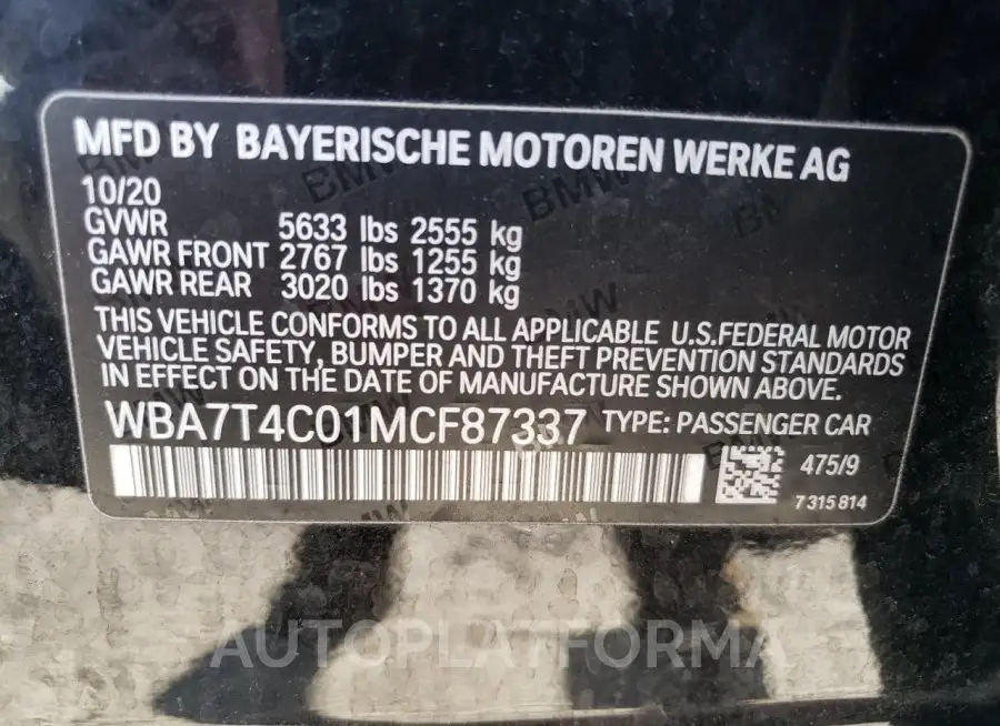 BMW 740 XI 2021 vin WBA7T4C01MCF87337 from auto auction Copart