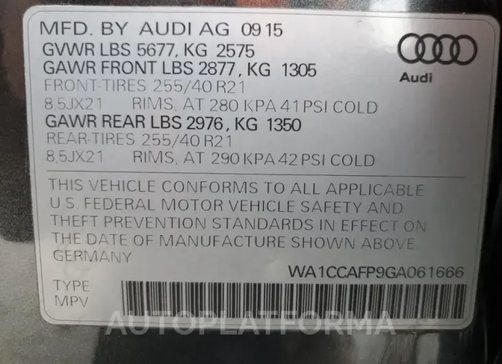 AUDI SQ5 PREMIU 2016 vin WA1CCAFP9GA061666 from auto auction Copart