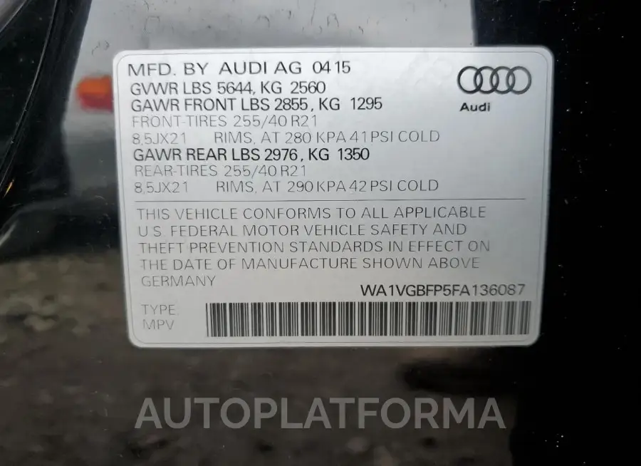 AUDI SQ5 2015 vin WA1VGBFP5FA136087 from auto auction Copart