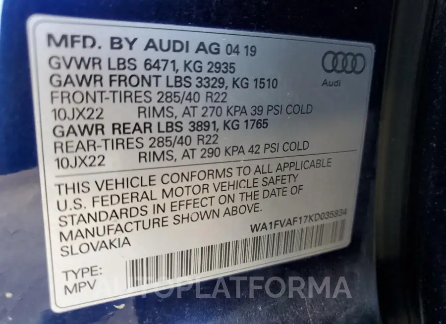 AUDI Q8 PRESTIG 2019 vin WA1FVAF17KD035934 from auto auction Copart