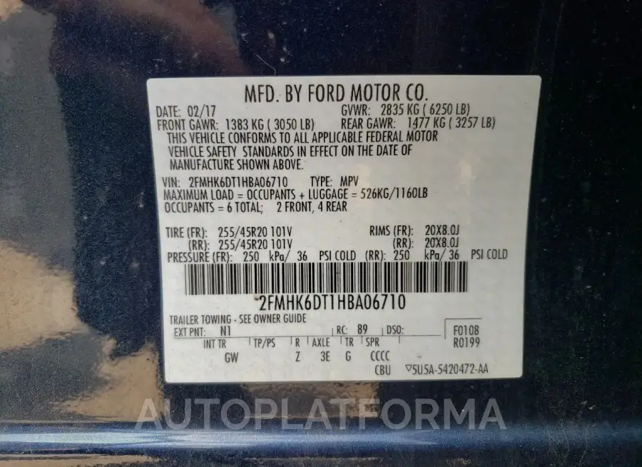 FORD FLEX LIMIT 2017 vin 2FMHK6DT1HBA06710 from auto auction Copart