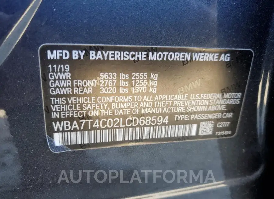 BMW 740 XI 2020 vin WBA7T4C02LCD68594 from auto auction Copart