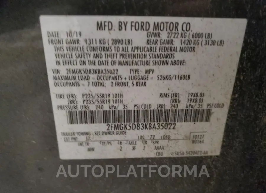 FORD FLEX LIMIT 2019 vin 2FMGK5D83KBA35022 from auto auction Copart