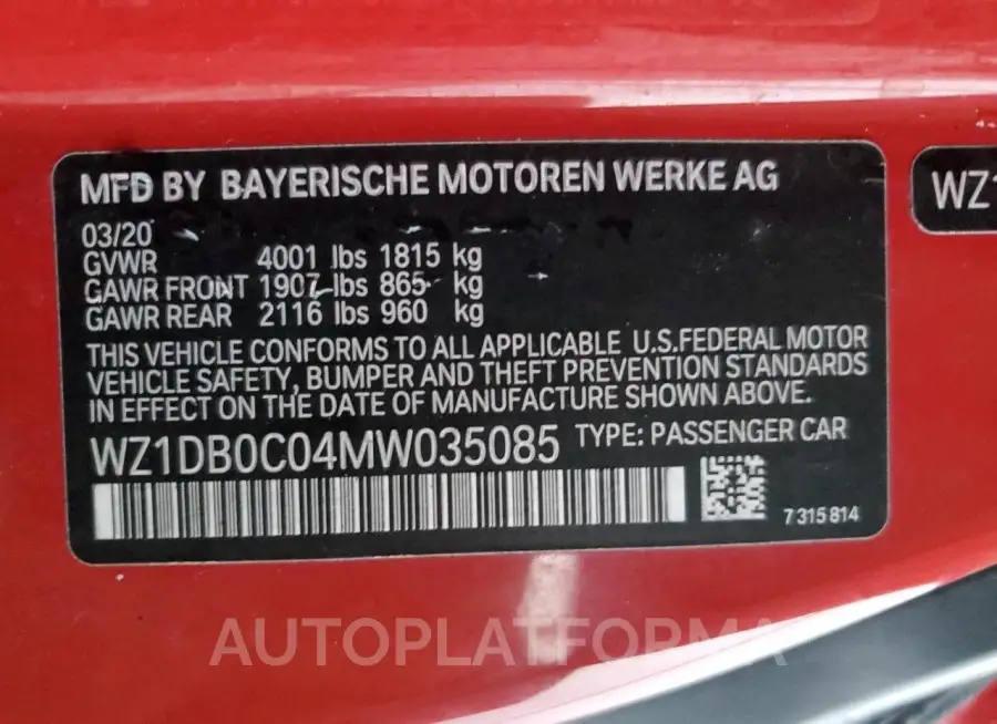 TOYOTA SUPRA BASE 2021 vin WZ1DB0C04MW035085 from auto auction Copart