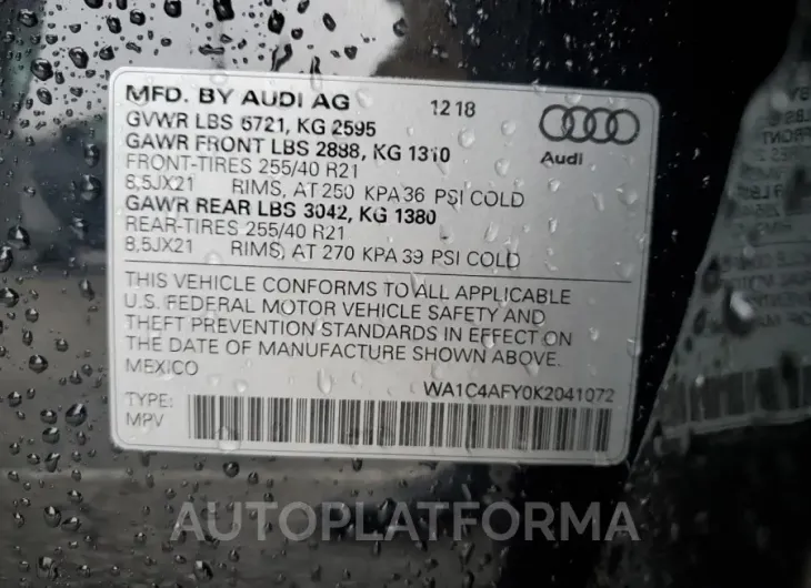 AUDI SQ5 PRESTI 2019 vin WA1C4AFY0K2041072 from auto auction Copart