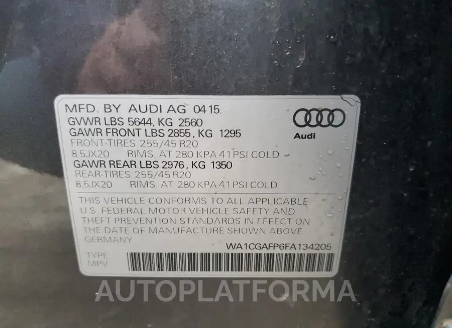 AUDI SQ5 PREMIU 2015 vin WA1CGAFP6FA134205 from auto auction Copart