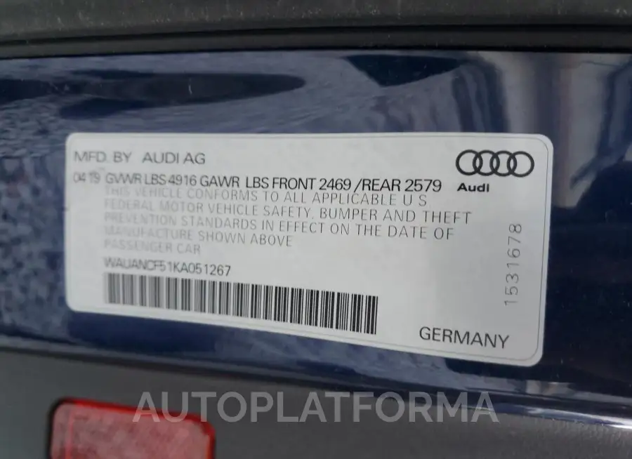 AUDI A5 PREMIUM 2019 vin WAUANCF51KA051267 from auto auction Copart