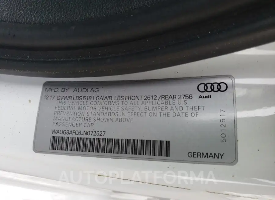 AUDI A6 PREMIUM 2018 vin WAUG8AFC6JN072627 from auto auction Copart