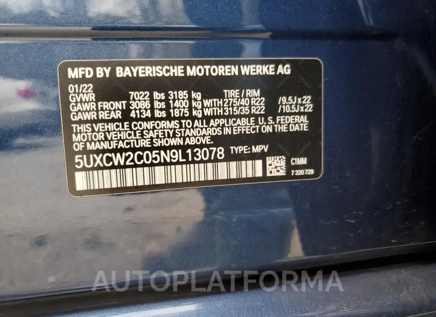 BMW X7 XDRIVE4 2022 vin 5UXCW2C05N9L13078 from auto auction Copart