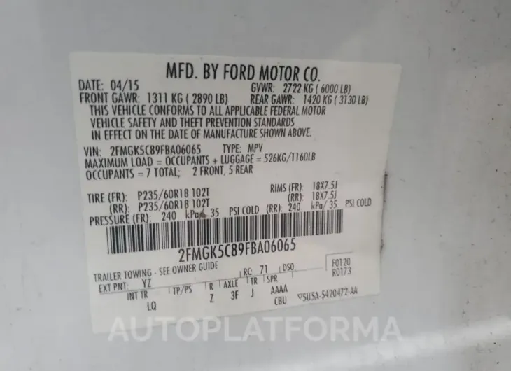 FORD FLEX SEL 2015 vin 2FMGK5C89FBA06065 from auto auction Copart