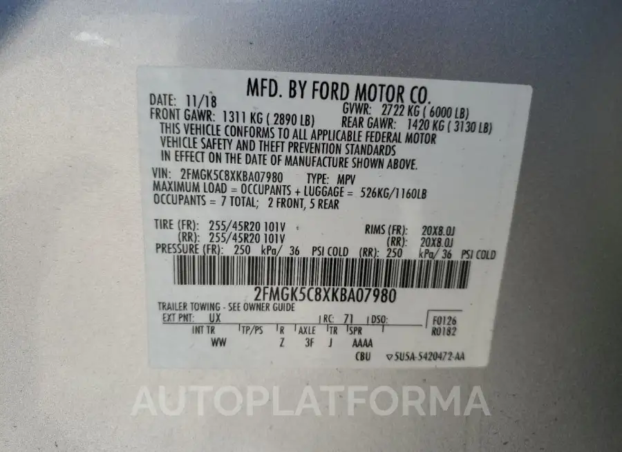 FORD FLEX SEL 2019 vin 2FMGK5C8XKBA07980 from auto auction Copart