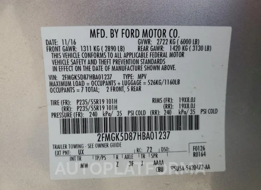 FORD FLEX LIMIT 2017 vin 2FMGK5D87HBA01237 from auto auction Copart