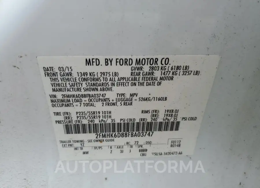 FORD FLEX LIMIT 2015 vin 2FMHK6D88FBA03747 from auto auction Copart