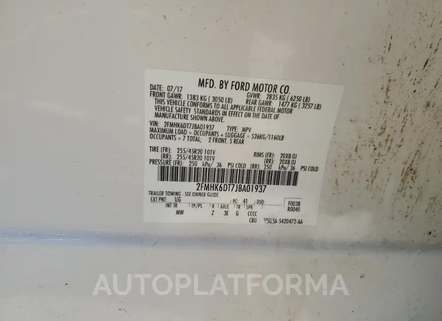 FORD FLEX LIMIT 2018 vin 2FMHK6DT7JBA01937 from auto auction Copart