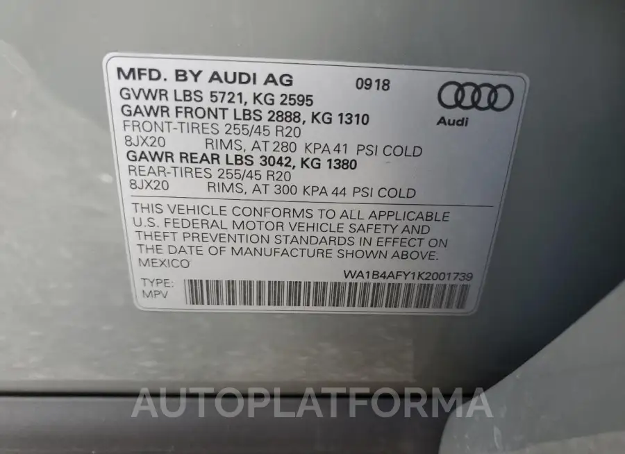 AUDI SQ5 PREMIU 2019 vin WA1B4AFY1K2001739 from auto auction Copart