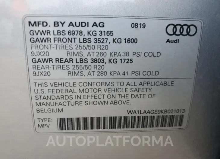 AUDI E-TRON PRE 2019 vin WA1LAAGE9KB021013 from auto auction Copart