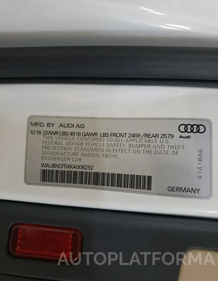 AUDI A5 PREMIUM 2019 vin WAUBNCF5XKA008292 from auto auction Copart