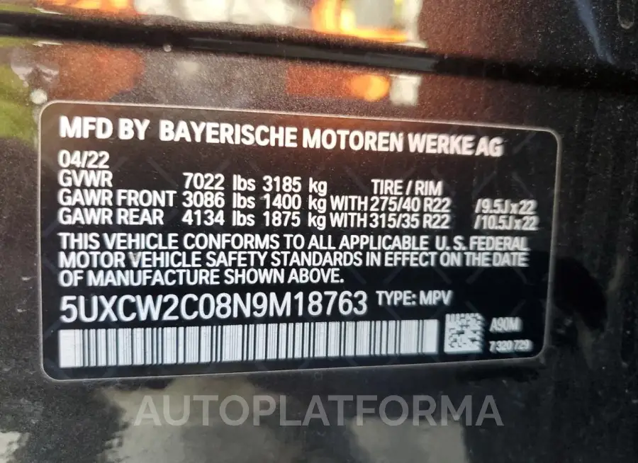 BMW X7 XDRIVE4 2022 vin 5UXCW2C08N9M18763 from auto auction Copart