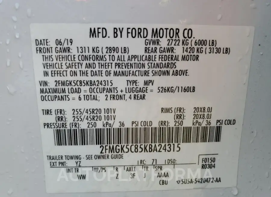 FORD FLEX SEL 2019 vin 2FMGK5C85KBA24315 from auto auction Copart