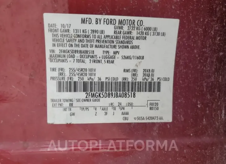 FORD FLEX LIMIT 2018 vin 2FMGK5D89JBA08518 from auto auction Copart