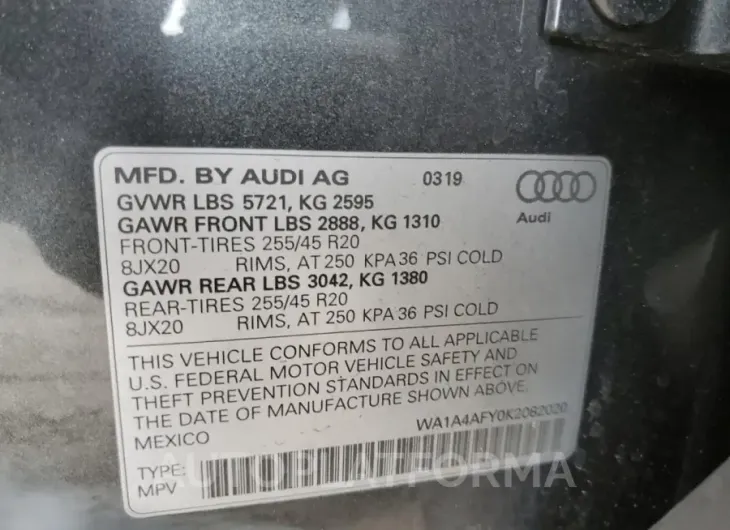 AUDI SQ5 PREMIU 2019 vin WA1A4AFY0K2082020 from auto auction Copart