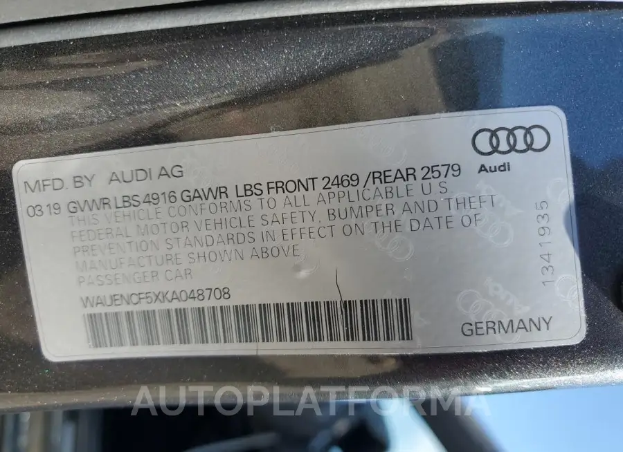 AUDI A5 PREMIUM 2019 vin WAUENCF5XKA048708 from auto auction Copart