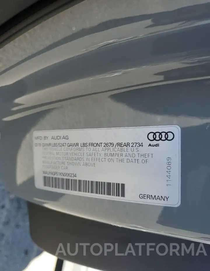 AUDI S5 PREMIUM 2019 vin WAUY4GF51KN006234 from auto auction Copart