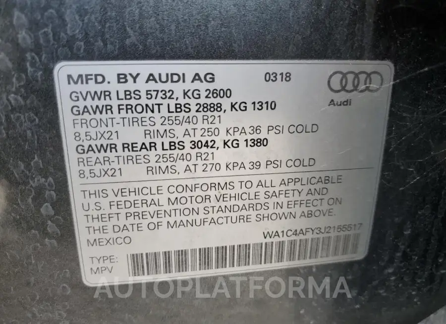 AUDI SQ5 PRESTI 2018 vin WA1C4AFY3J2155517 from auto auction Copart